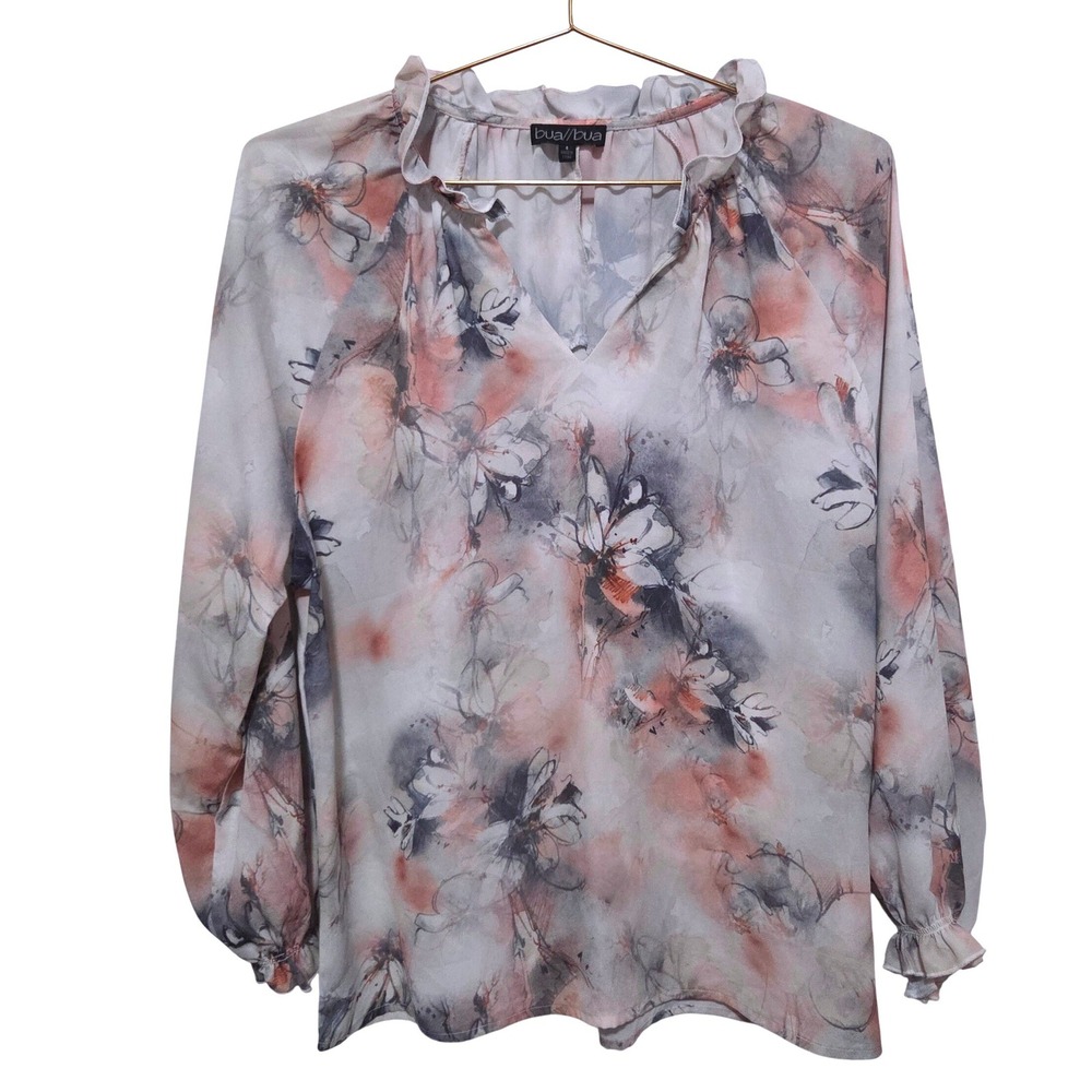 Bua Bua Womens White Floral Print‎ Ruffle Neck Long Sleeve Blouse Size S